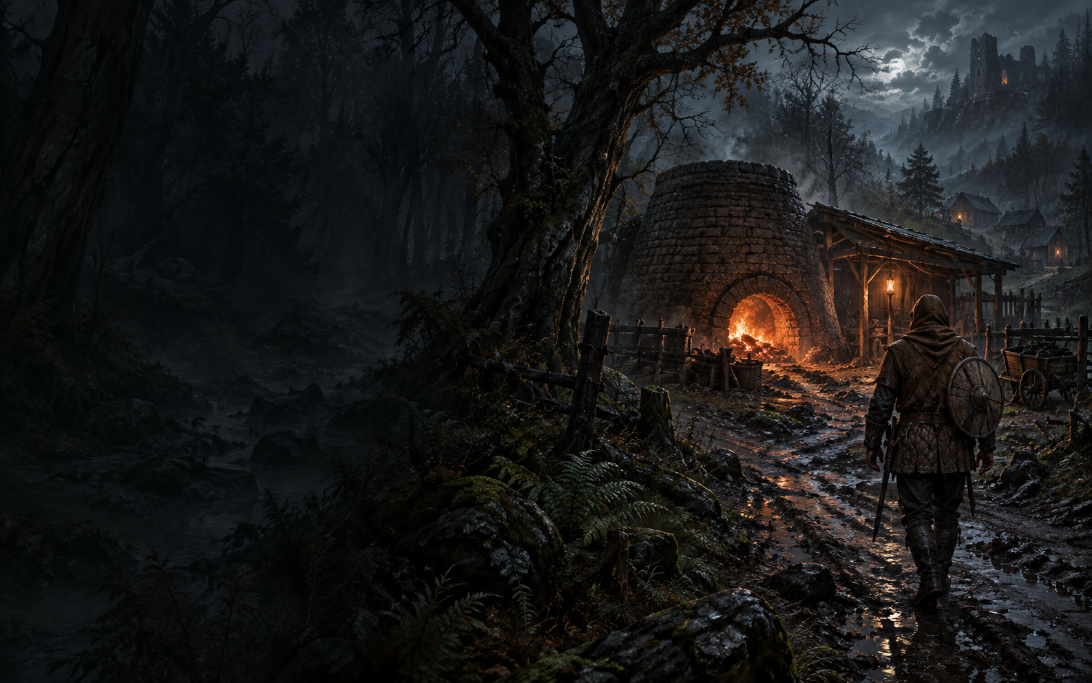 A cloaked traveller beside a burning kiln beneath a distant castle, from King of Hell