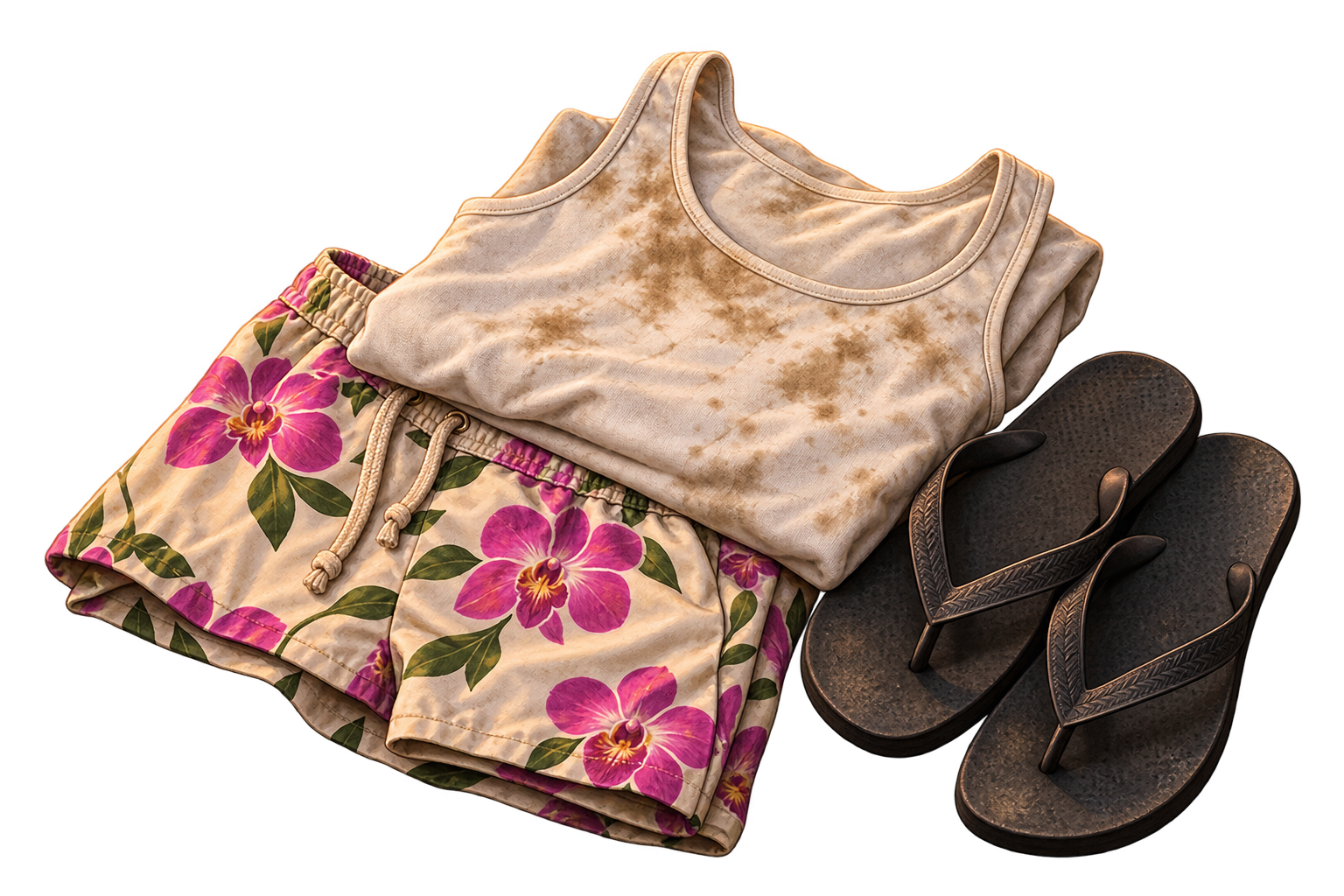 Orchid shorts, stained singlet and flip-flops on the bed